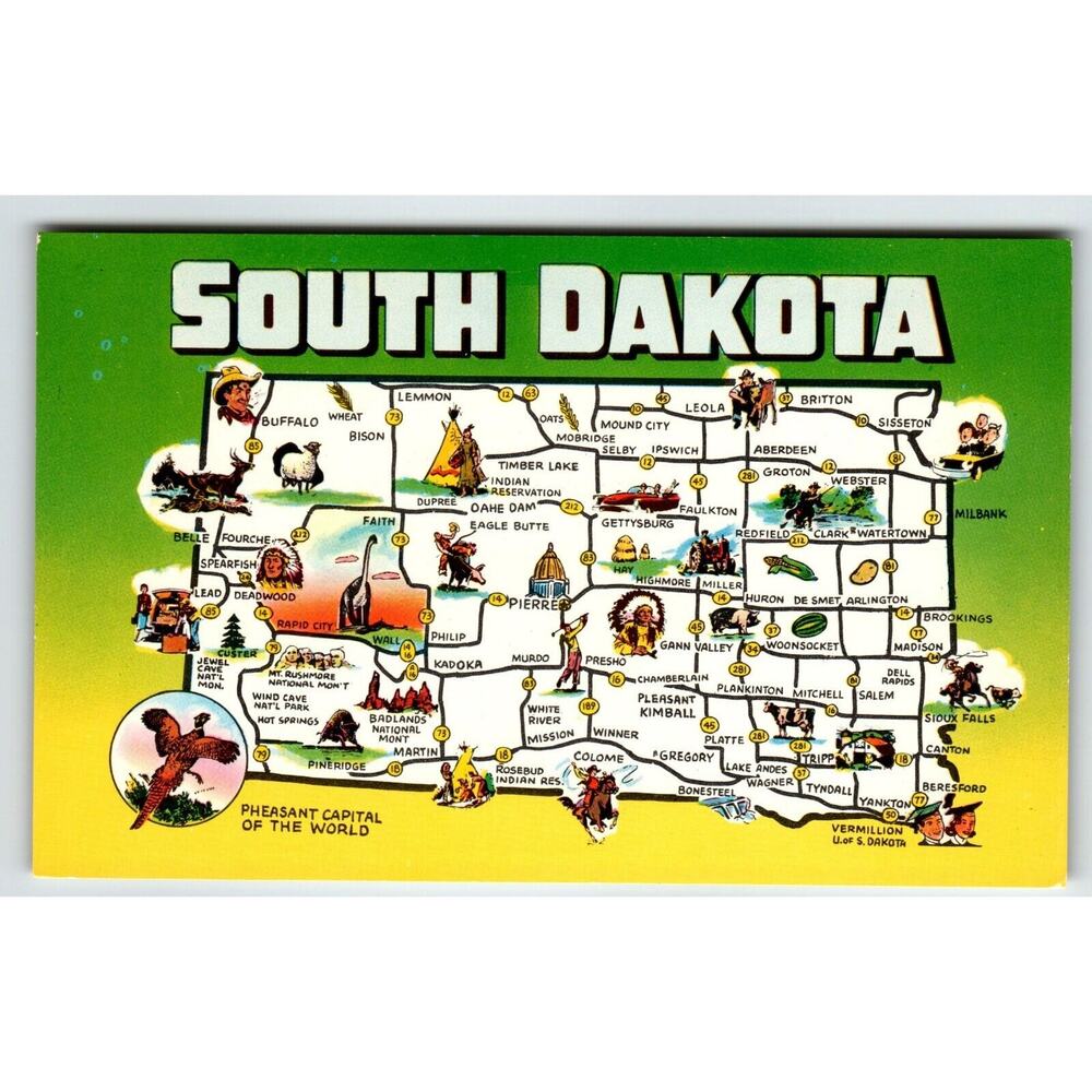 Postcard Greetings From South Dakota Map Chrome State Pheasant Capitol Of World